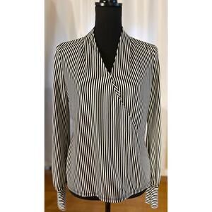 Adrianna Papell V-Neck Faux Wrap Long Sleeve Striped Blouse Small